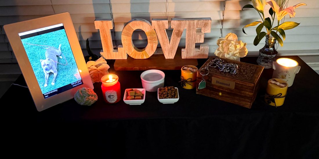 Ofrenda de Día de Muertos para Diamond con velas, su foto, premios, un letrero LOVE y flores