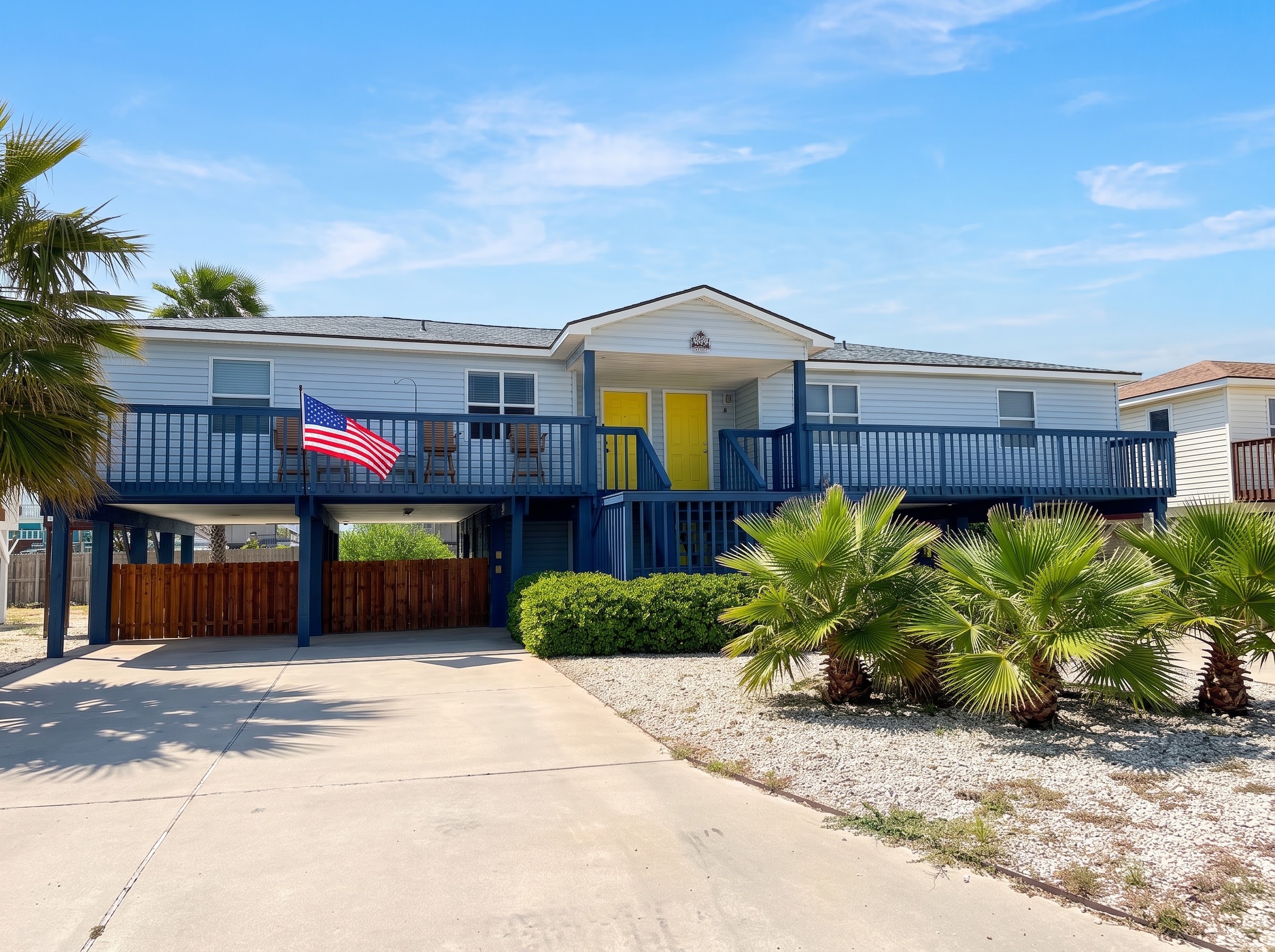 Casa Azul, a raised blue duplex with yellow doors in Port Aransas