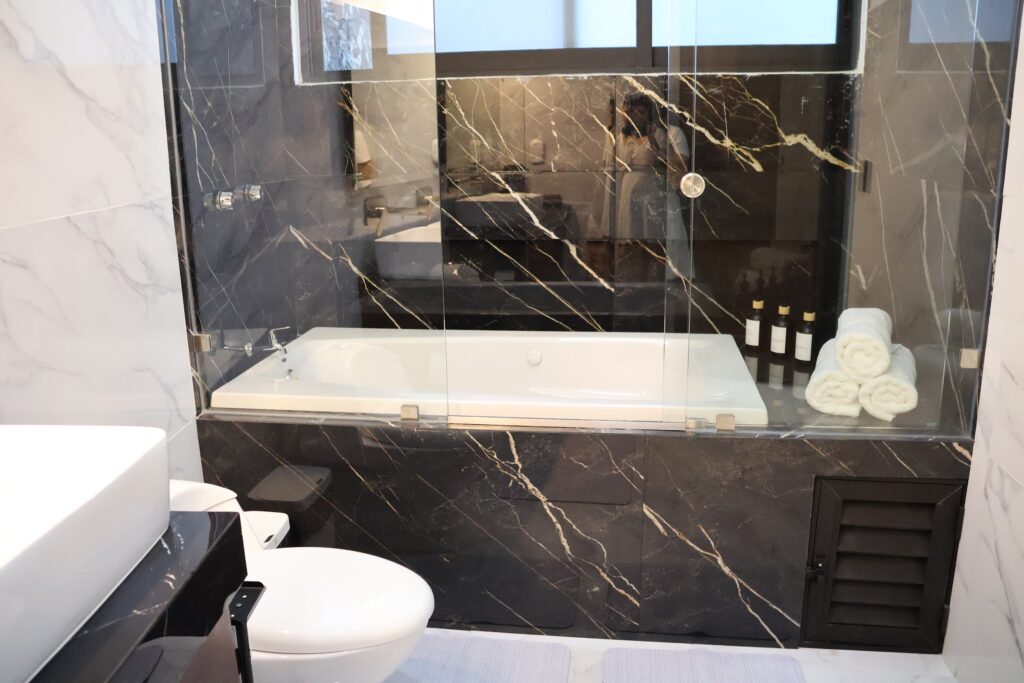 Casa Luna marble bathroom with soaking tub