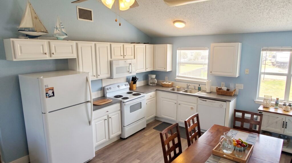 Balcony Retreat kitchen under the vaulted ceiling