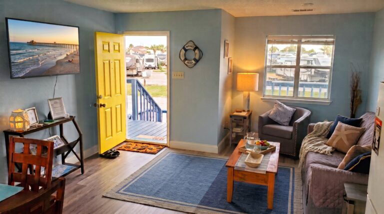 Living room with vaulted ceiling and smart TV